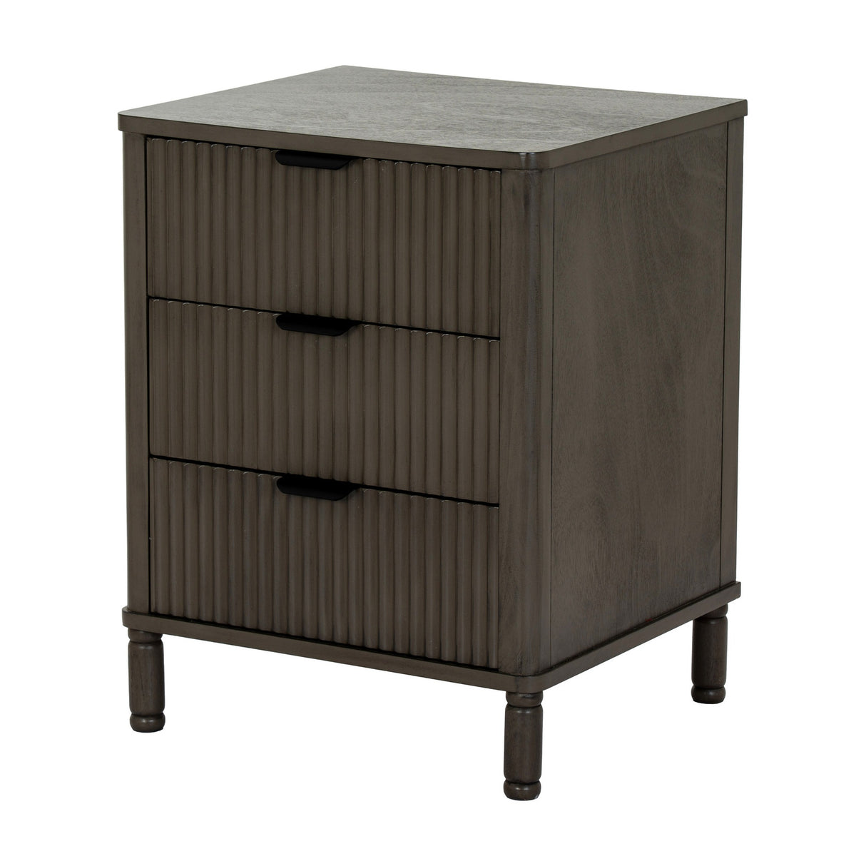Hill Interiors 3 Drawer Wooden Bedside Table in brown with fluted drawer fronts, recessed handles and turned legs, shown on a plain white background.