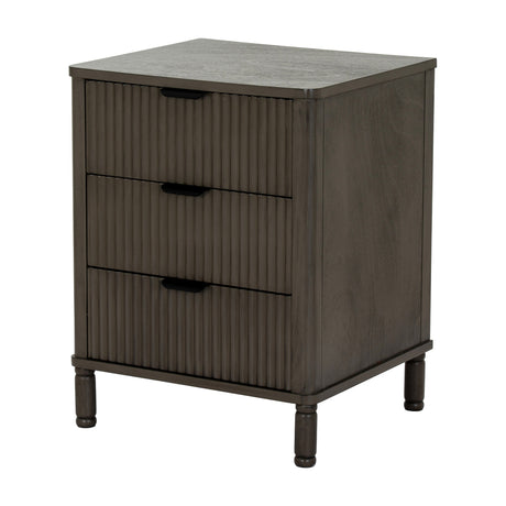 Hill Interiors 3 Drawer Wooden Bedside Table in brown with fluted drawer fronts, recessed handles and turned legs, shown on a plain white background.