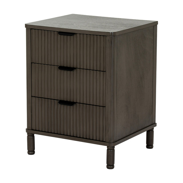 Hill Interiors 3 Drawer Wooden Bedside Table in brown with fluted drawer fronts, recessed handles and turned legs, shown on a plain white background.