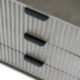 Close-up of Hill Interiors 3 Drawer Wooden Bedside Table in brown, showing ribbed drawer fronts with recessed matte black finger-pull handles.