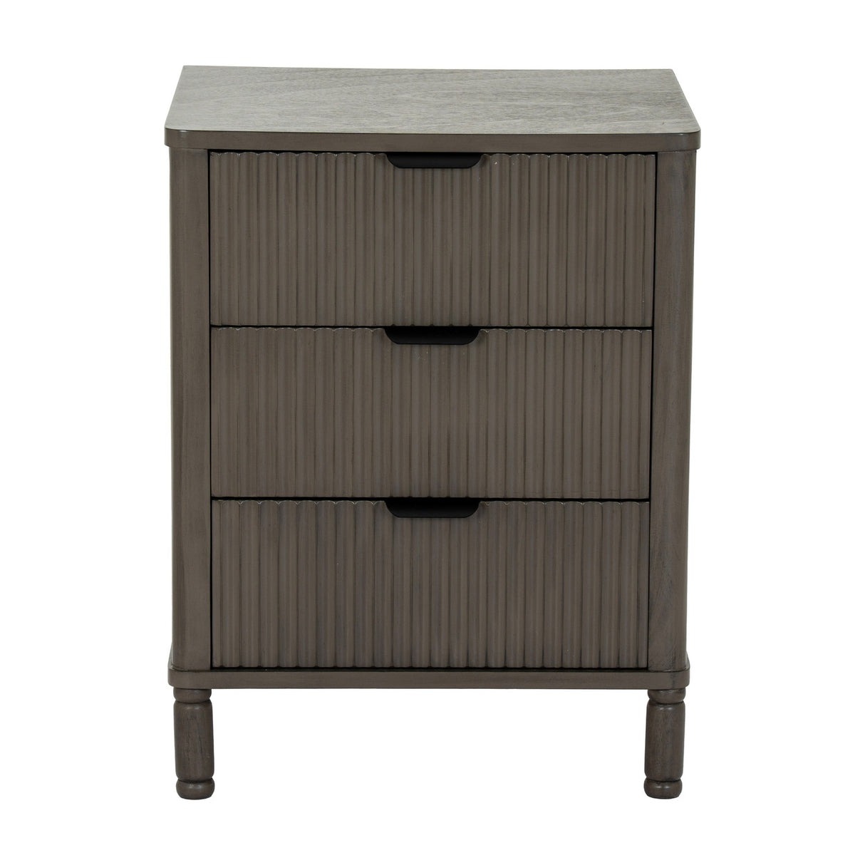 Hill Interiors 3 Drawer Wooden Bedside Table in brown with fluted drawer fronts, recessed handles and turned legs, shown on a plain white background.