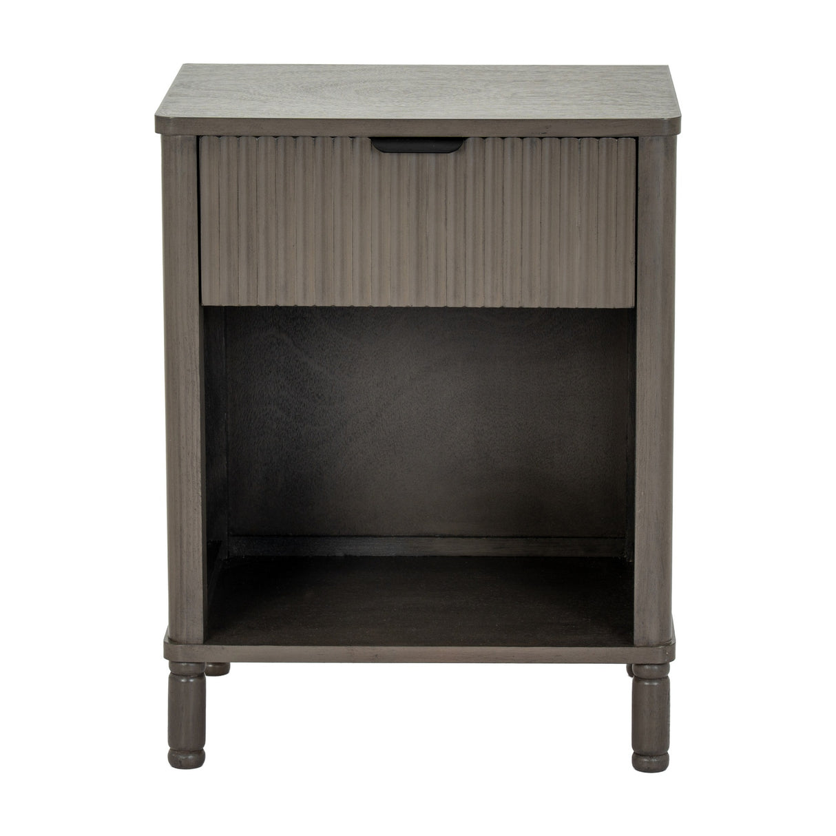 Hill Interiors 1 Drawer Wooden Cabinet in brown with a ribbed drawer front, open lower shelf and turned legs, shown on a plain white background.