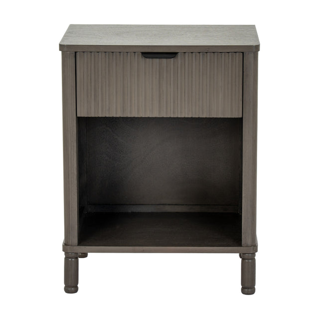 Hill Interiors 1 Drawer Wooden Cabinet in brown with a ribbed drawer front, open lower shelf and turned legs, shown on a plain white background.