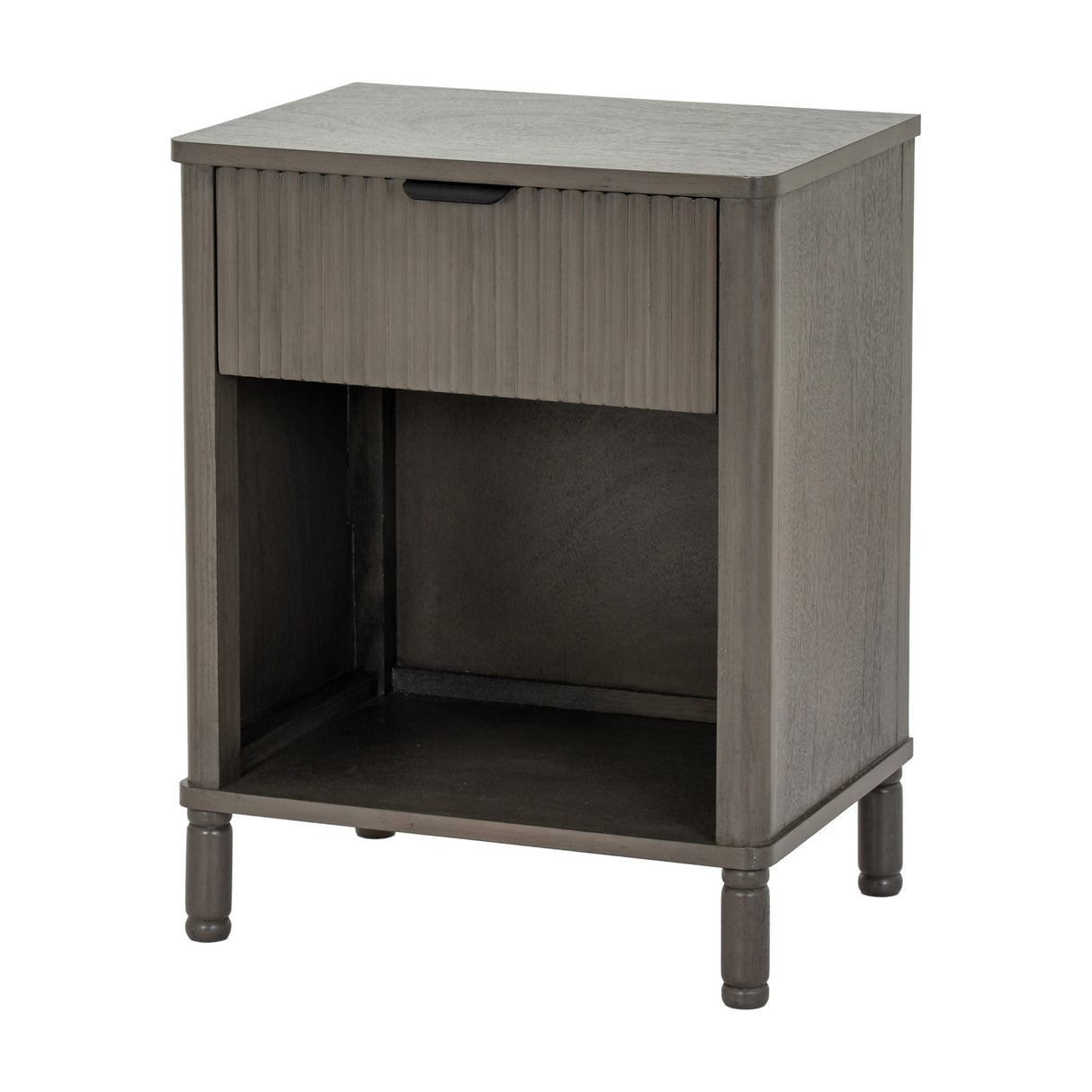 Hill Interiors 1 drawer wooden cabinet in warm brown, featuring a fluted drawer front, open lower shelf and turned legs, shown on a plain white background.