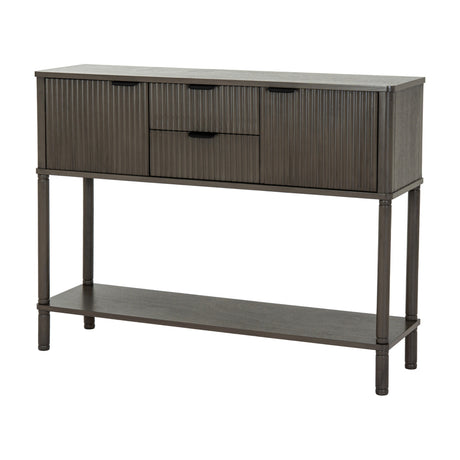 Hill Interiors 2 drawer 2 door wooden console table in brown, with fluted fronts, slim legs and a lower shelf, shown on a plain white background.