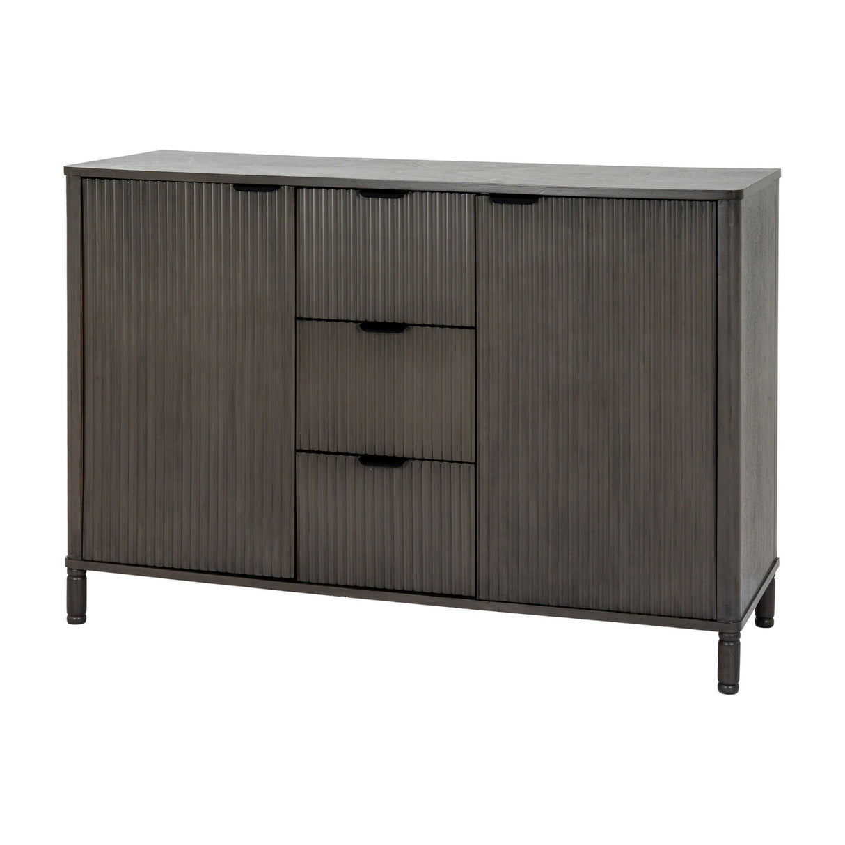 Hill Interiors 3 Drawer 2 Door Wooden Cabinet in brown with ribbed fluted fronts, central drawers flanked by two doors, on turned feet.