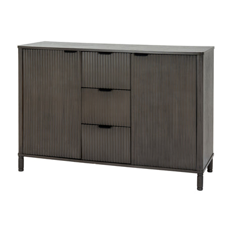Hill Interiors 3 Drawer 2 Door Wooden Cabinet in brown with ribbed fluted fronts, central drawers flanked by two doors, on turned feet.