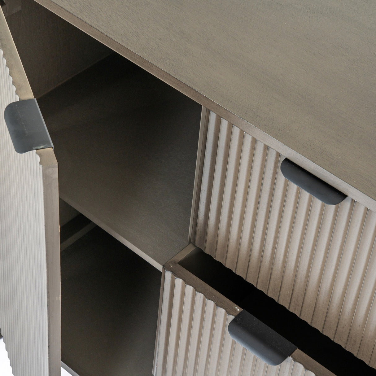 Close-up of Hill Interiors 3 Drawer 2 Door Wooden Cabinet in brown, showing ribbed drawer fronts, black handles and open shelf interior.