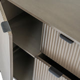 Close-up of Hill Interiors 3 Drawer 2 Door Wooden Cabinet in brown, showing ribbed drawer fronts, black handles and open shelf interior.