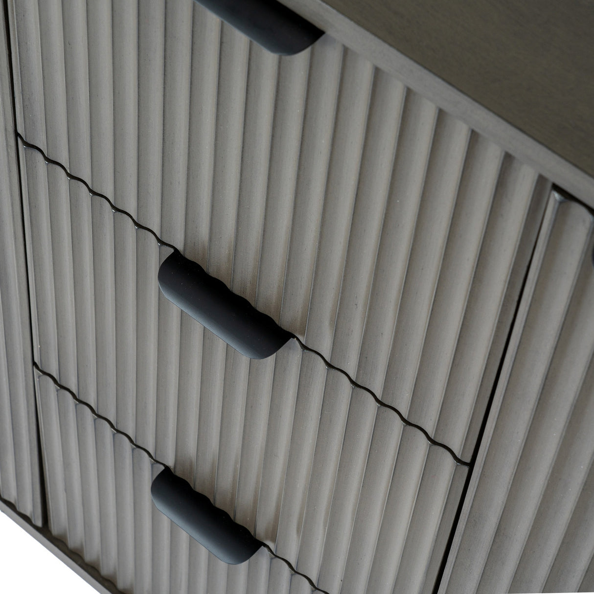Close-up of the Hill Interiors 3 Drawer 2 Door Wooden Cabinet showing ribbed fluted drawer fronts in brown with matte black cup handles.