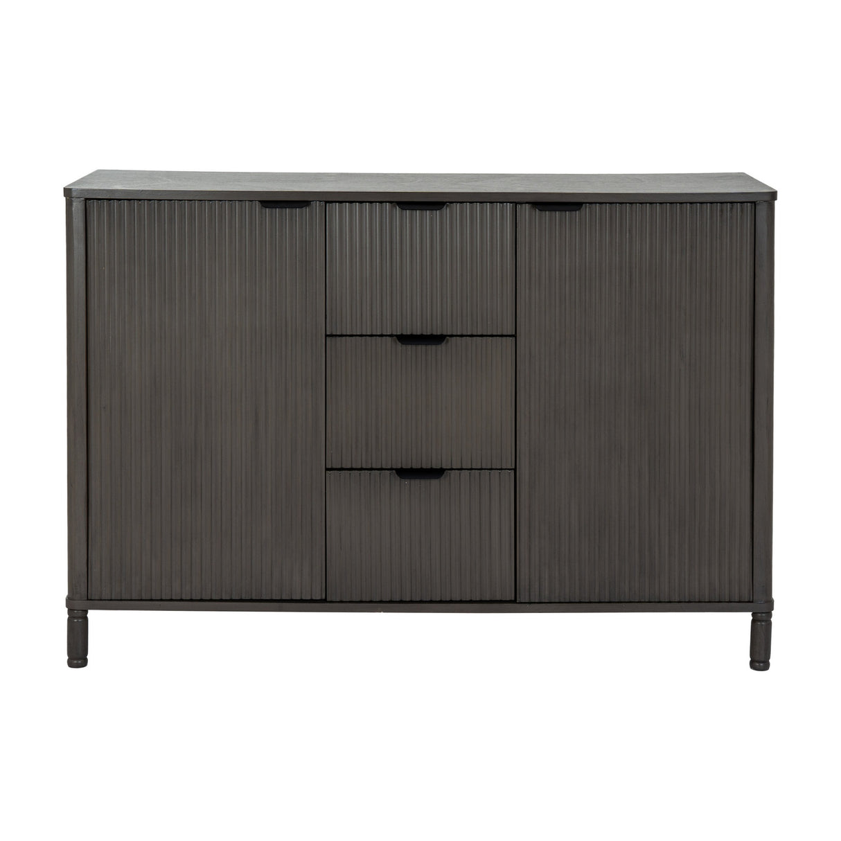 Hill Interiors 3 Drawer 2 Door Wooden Cabinet in brown with ribbed fluted fronts, central drawers flanked by two doors, on short turned feet.