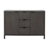 Hill Interiors 3 Drawer 2 Door Wooden Cabinet in brown with ribbed fluted fronts, central drawers flanked by two doors, on short turned feet.