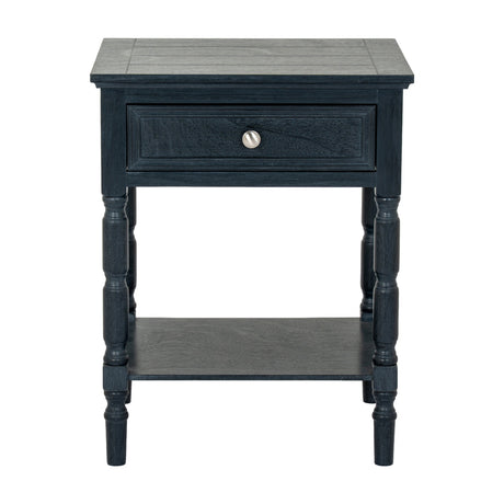 Hill Interiors wooden one-drawer side table in black with turned legs, lower shelf and round metal knob, shown on a plain white background.