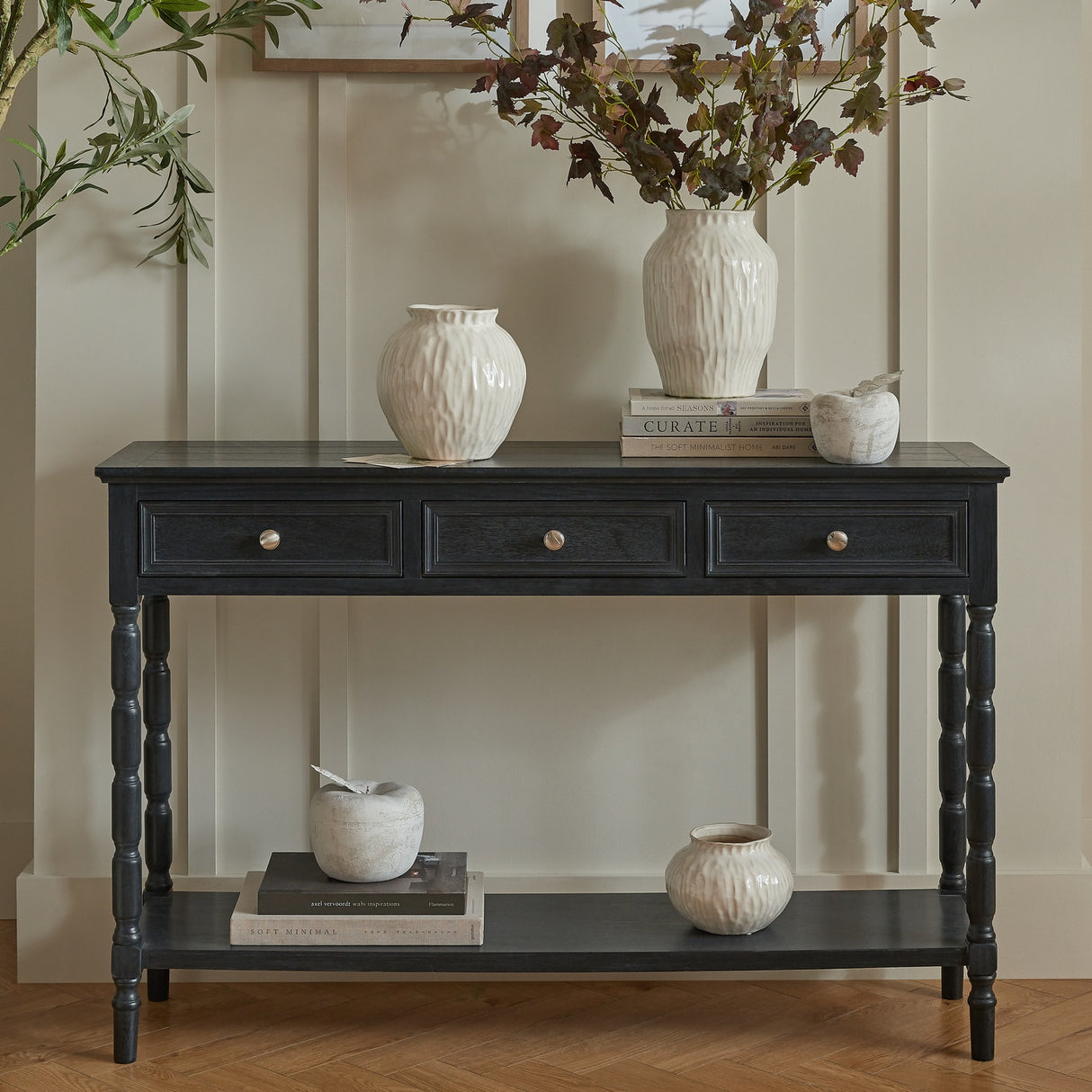 Wooden Three-Drawer Console Table – Black