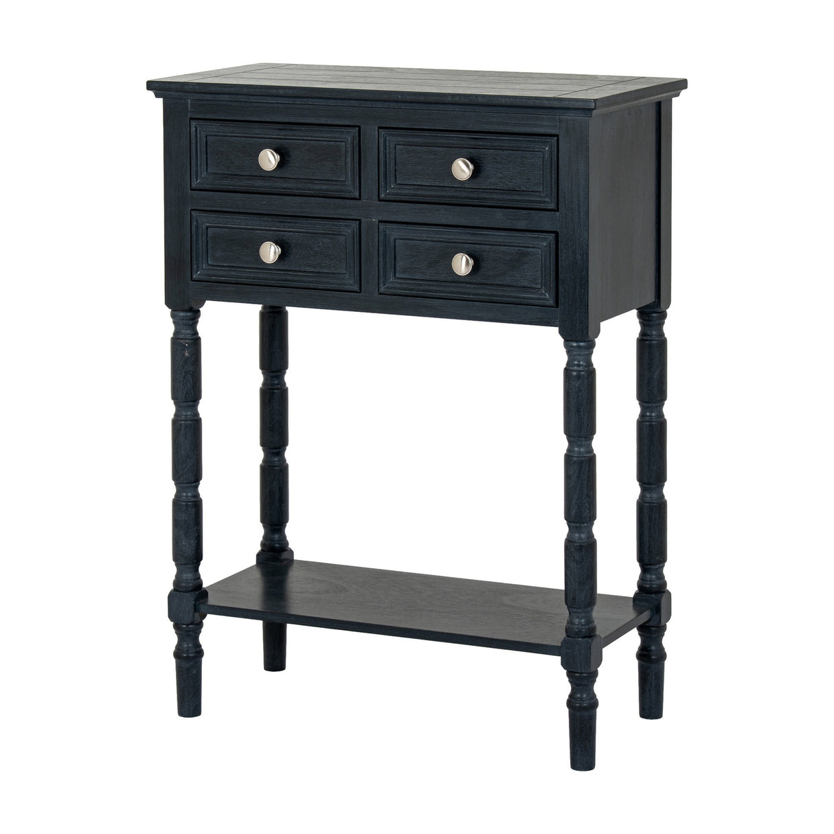 Hill Interiors 4 Drawer Side Table in black wood, with four stacked drawers, silver knobs, turned legs and a lower shelf, on a white background.