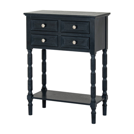 Hill Interiors 4 Drawer Side Table in black wood, with four stacked drawers, silver knobs, turned legs and a lower shelf, on a white background.