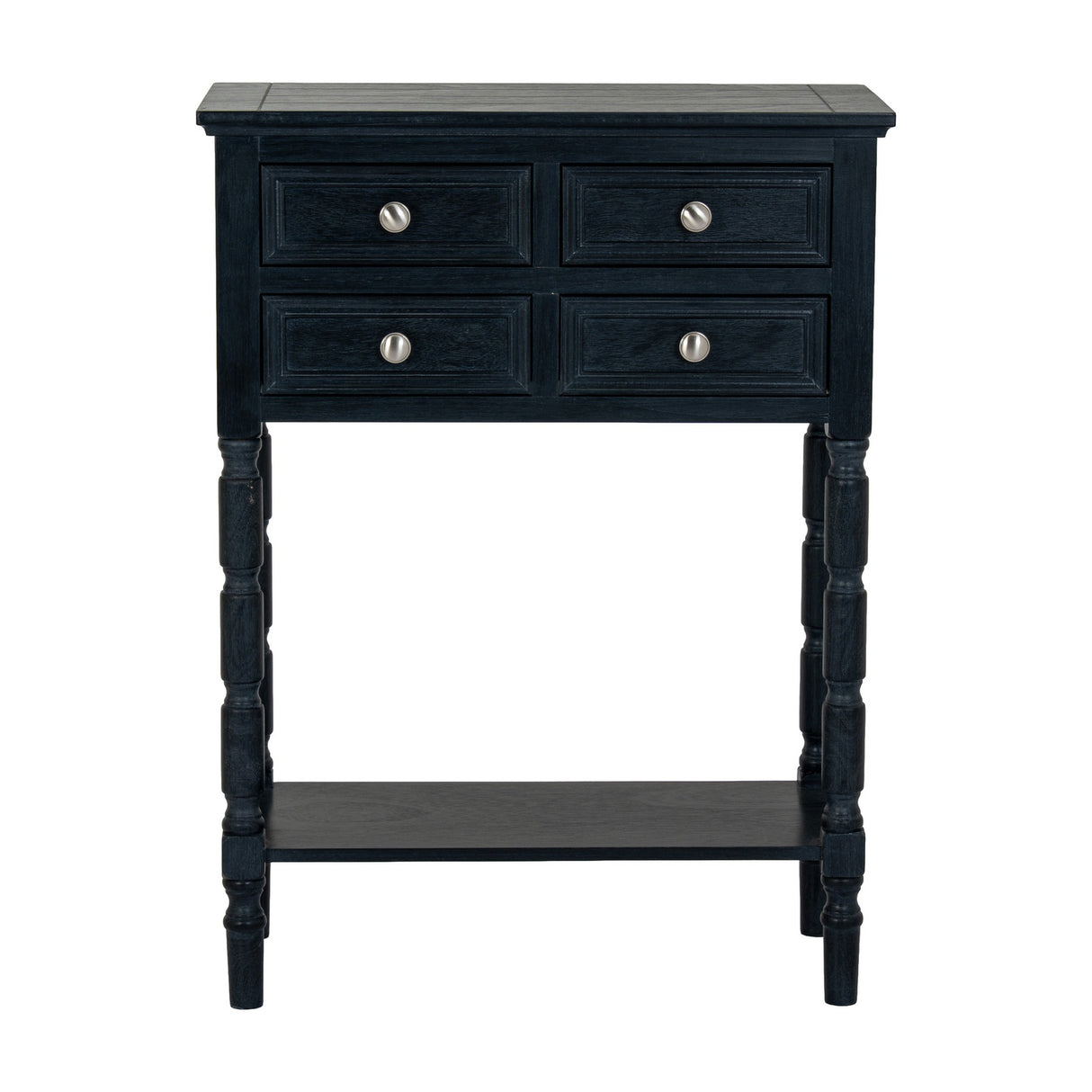 Hill Interiors four drawer side table in black wood with round metal knobs, turned legs and lower shelf, shown on a plain white background.
