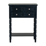 Hill Interiors four drawer side table in black wood with round metal knobs, turned legs and lower shelf, shown on a plain white background.