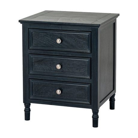 Hill Interiors Wooden Three-Drawer Side Table in black with silver knobs and turned legs, shown on a plain white background.