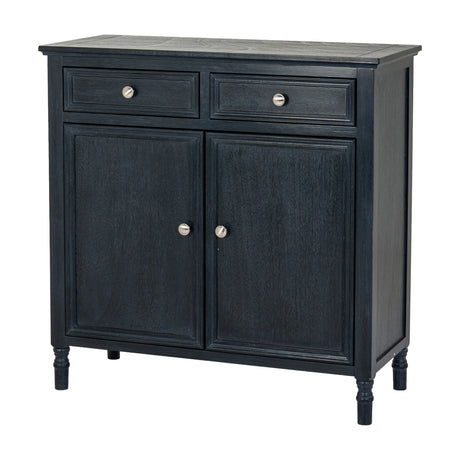 Hill Interiors Wooden Two-Door Two-Drawer Sideboard in black with matte finish, silver knobs and turned legs, shown on a plain white background.