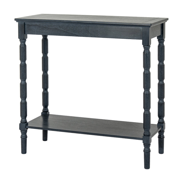 Hill Interiors Contoured Wooden Console Table in black with turned spindle legs, lower shelf and rectangular top, shown on a plain white background.