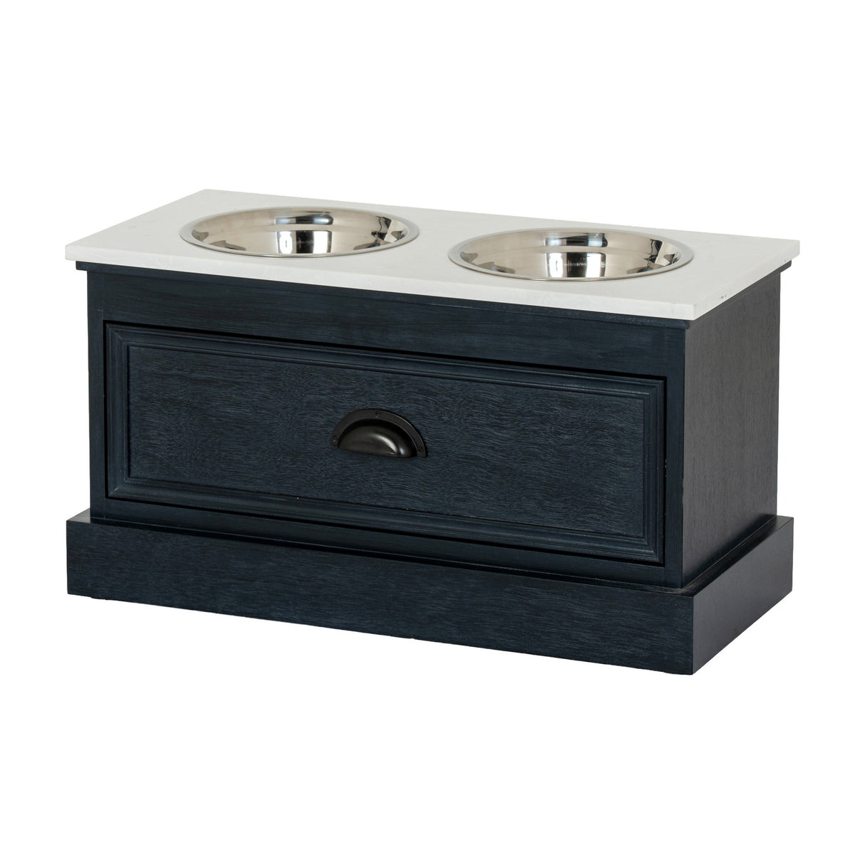 Hill Interiors Wooden Pet Feeder Table in black with a pale top, two stainless steel bowls, and a lower drawer with cup handle on a white background.