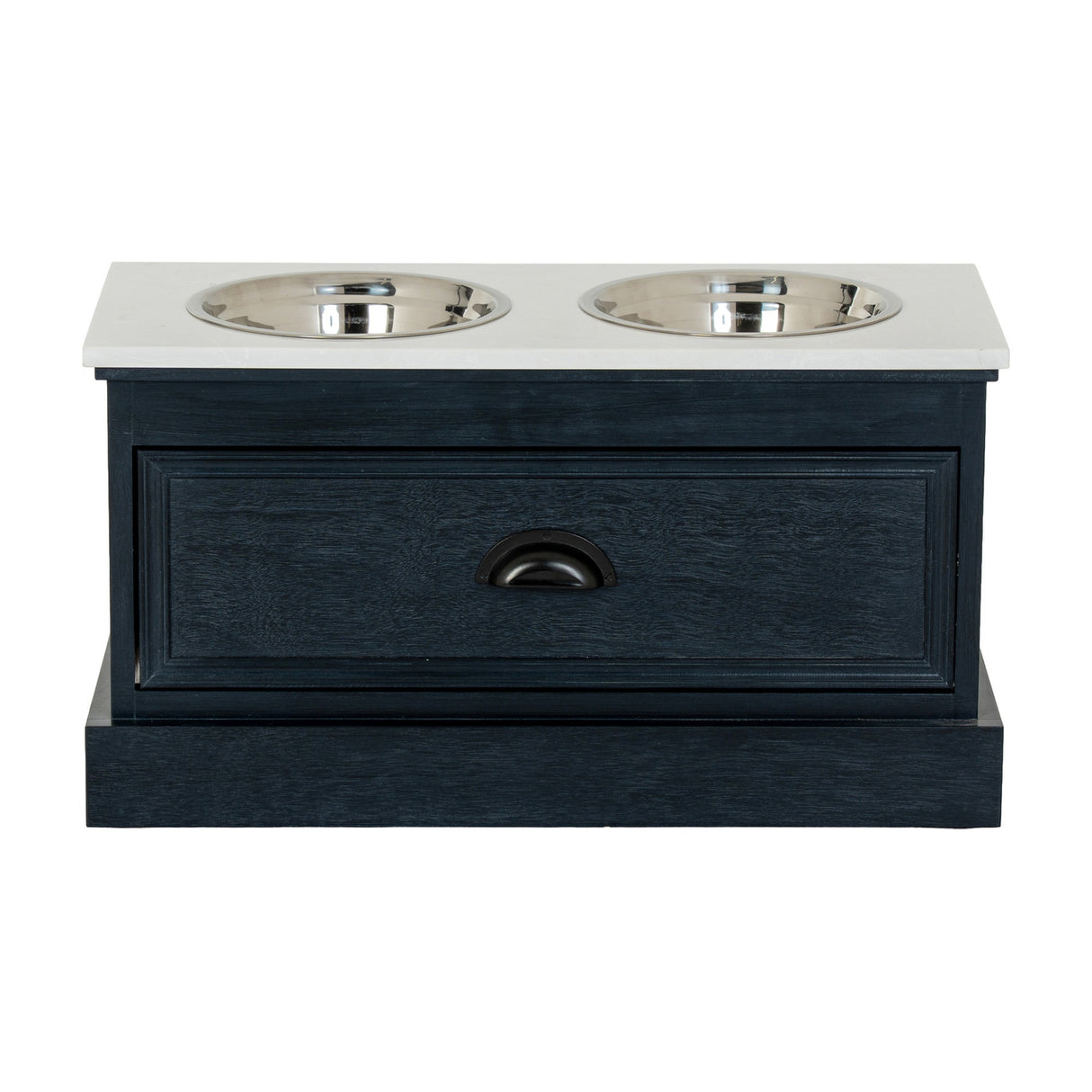 Hill Interiors Wooden Pet Feeder Table in black with white top, two stainless steel bowls, front drawer with cup handle, on a plain background.
