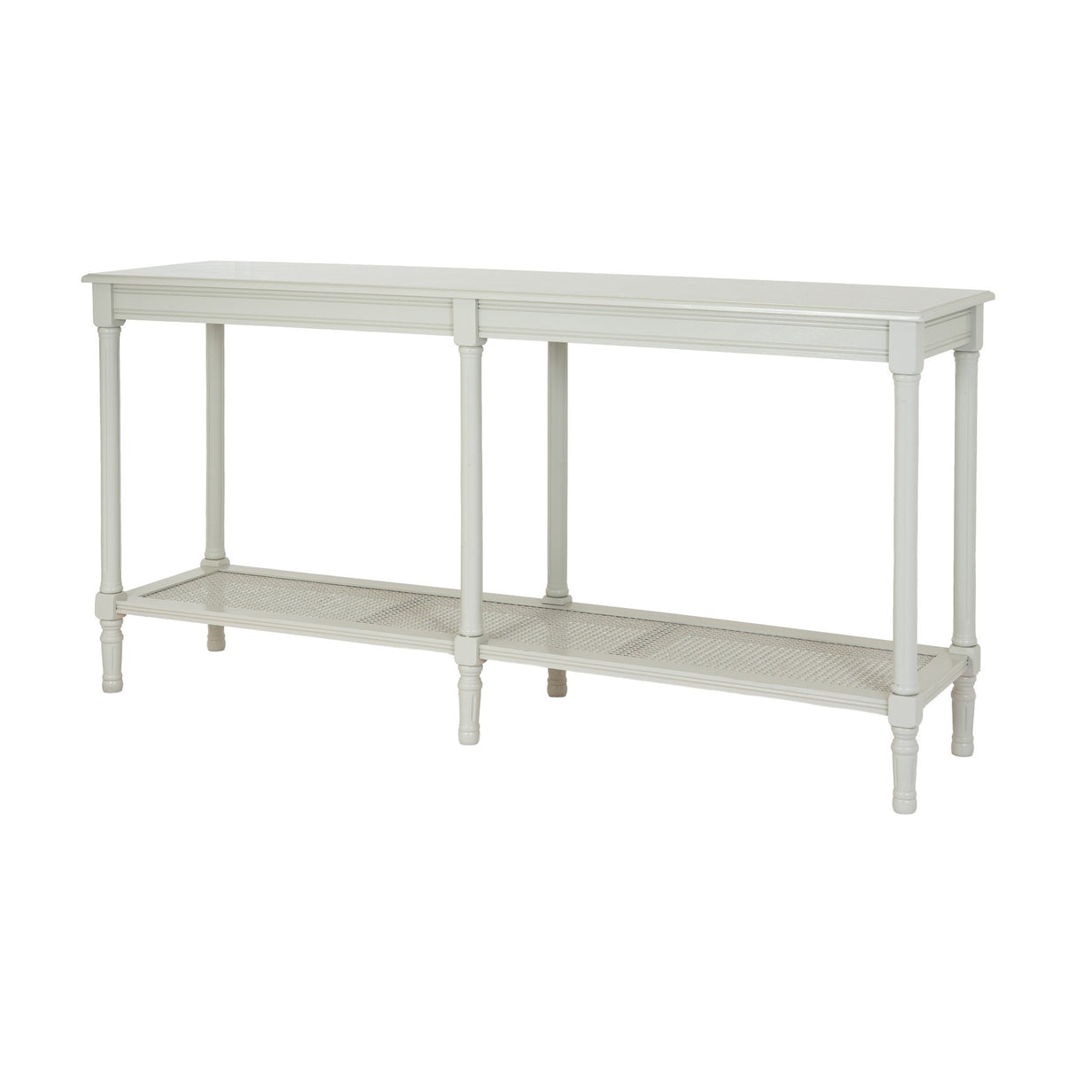 Hill Interiors Large Rattan Console Table in white with a solid wood frame, turned legs and a woven rattan lower shelf, on a plain background.