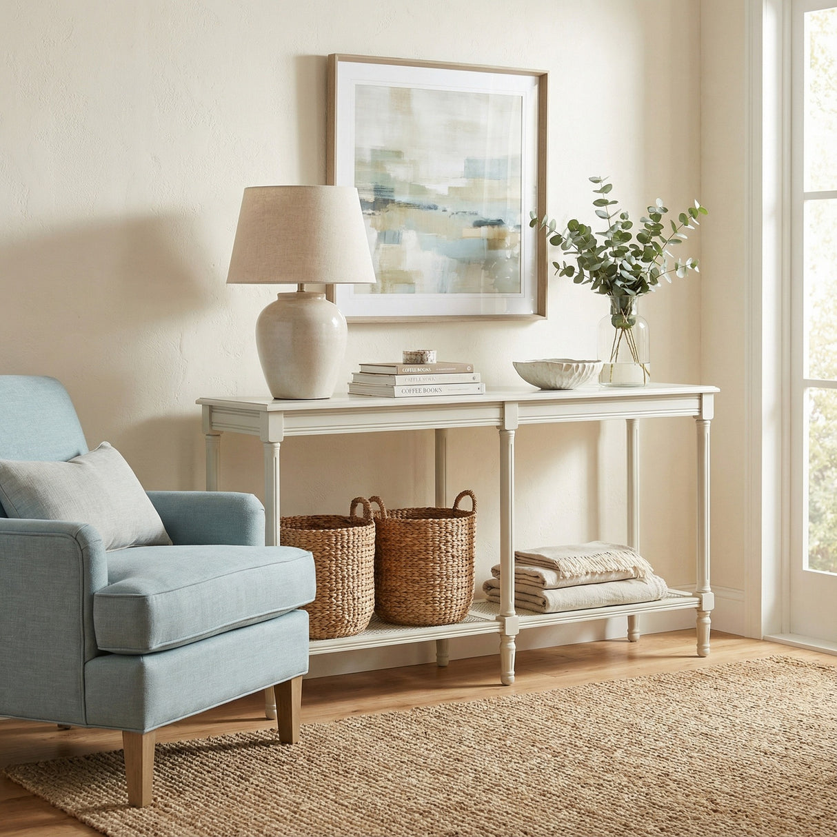 Hill Interiors Large Rattan Console Table in white styled in a living room with a lamp, books, vase and woven baskets beneath a framed print.
