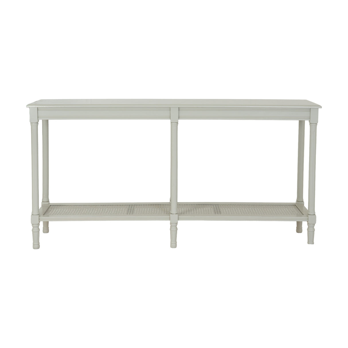 Hill Interiors Large Rattan Console Table in white, with a long wooden top, turned legs and a woven rattan lower shelf, on a plain background.