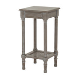 Hill Interiors Small Rattan Side Table in grey wash wood with turned legs, square top and woven rattan lower shelf, shown on a white background.