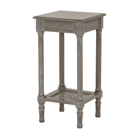 Hill Interiors Small Rattan Side Table in grey wash wood with turned legs, square top and woven rattan lower shelf, shown on a white background.