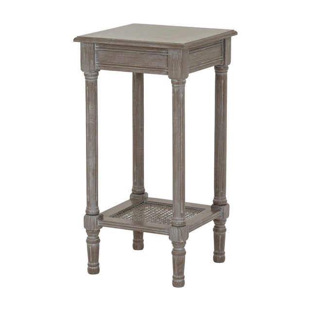 Hill Interiors Small Rattan Side Table in grey wash wood with turned legs, square top and woven rattan lower shelf, shown on a white background.