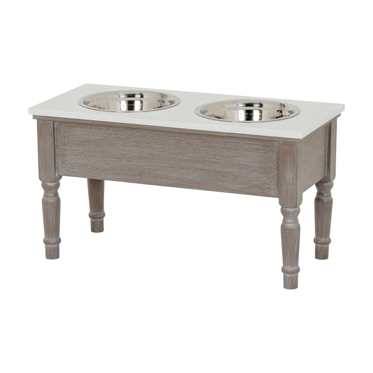 Hill Interiors Wooden Pet Feeder Table in grey with two stainless steel bowls set into a cream top, raised on turned wooden legs.