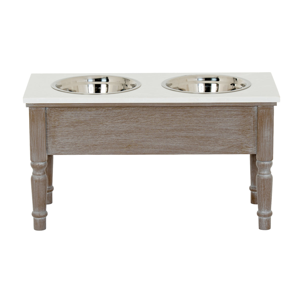 Hill Interiors Wooden Pet Feeder Table in grey with a pale top, turned legs and two stainless steel bowls set side by side, on a white background.