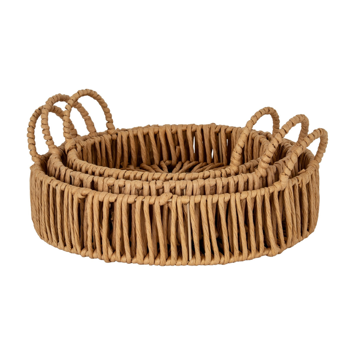 Large Loop Handle Round Wicker Trays, Set of 3 – Brown