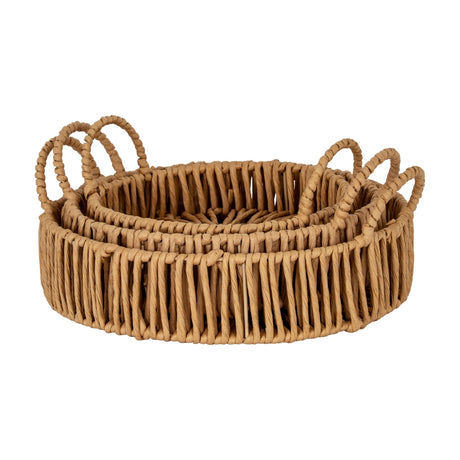 Hill Interiors Large Loop Handle Round Wicker Trays in brown, set of three nested woven trays with looped side handles, shown on a white background.