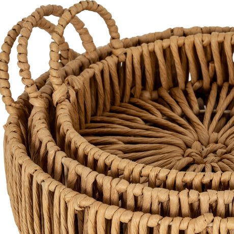 Close-up of Hill Interiors Large Loop Handle Round Wicker Trays in brown, showing the woven rim, twisted strands and looped side handles.