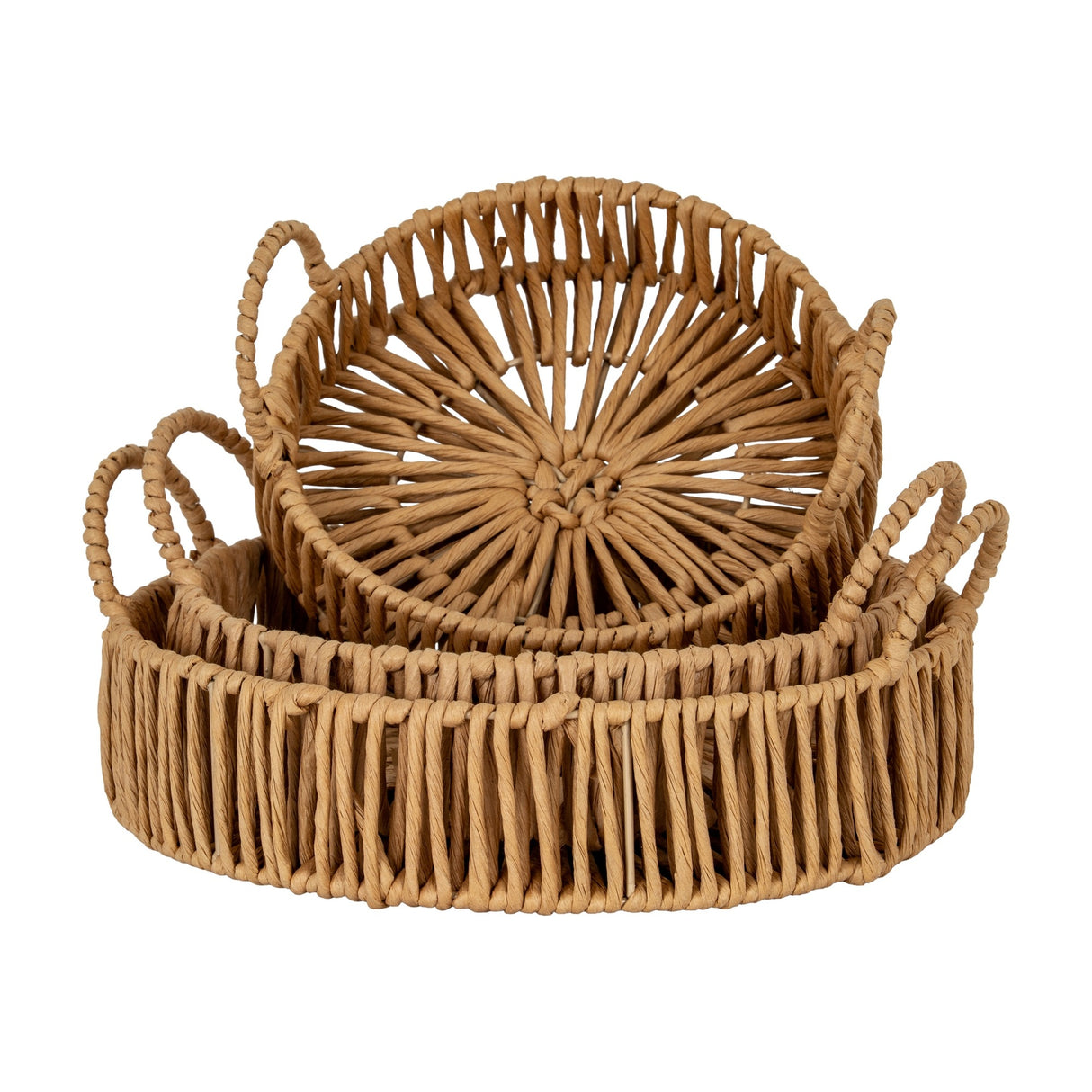 Large Loop Handle Round Wicker Trays, Set of 3 – Brown