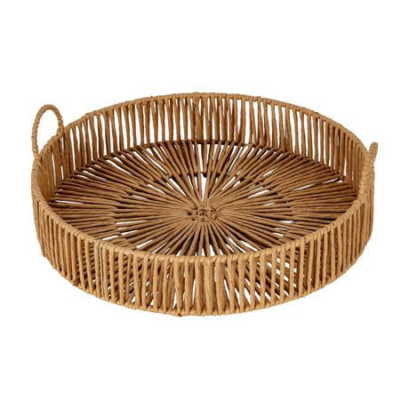 Hill Interiors Large Loop Handle Wicker Serving Tray in brown, a round woven tray with sunburst base and side loop handles, on a white background.
