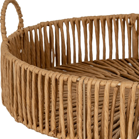 Close-up of the Hill Interiors Large Loop Handle Wicker Serving Tray in brown, showing the woven strands, shallow lip and looped side handle.