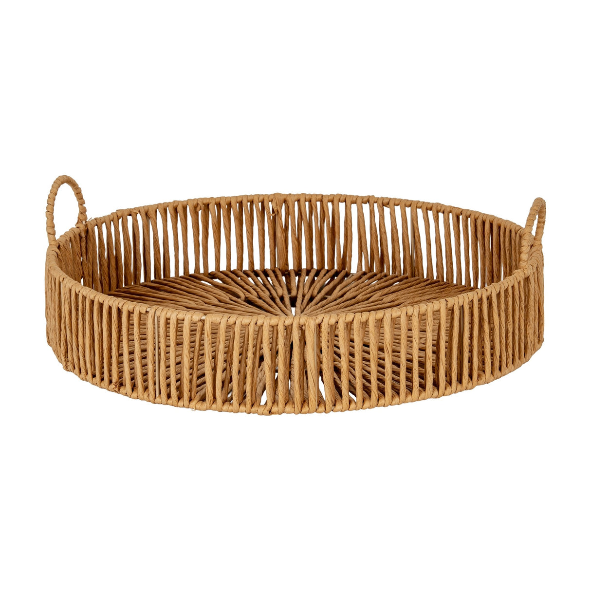 Hill Interiors Large Loop Handle Wicker Serving Tray in brown, a round woven tray with shallow sides and loop handles, shown on a white background.