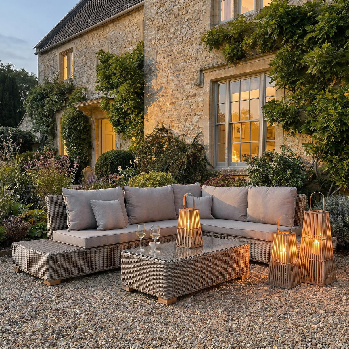 Hill Interiors large brown wicker lantern trio with glass holders lit beside a grey rattan garden sofa and coffee table outside a stone cottage.