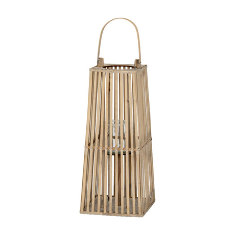 Hill Interiors Small Silo Wicker Lantern in honeyed brown, tapered slatted frame with arched handle and removable glass candle holder, on a white background.