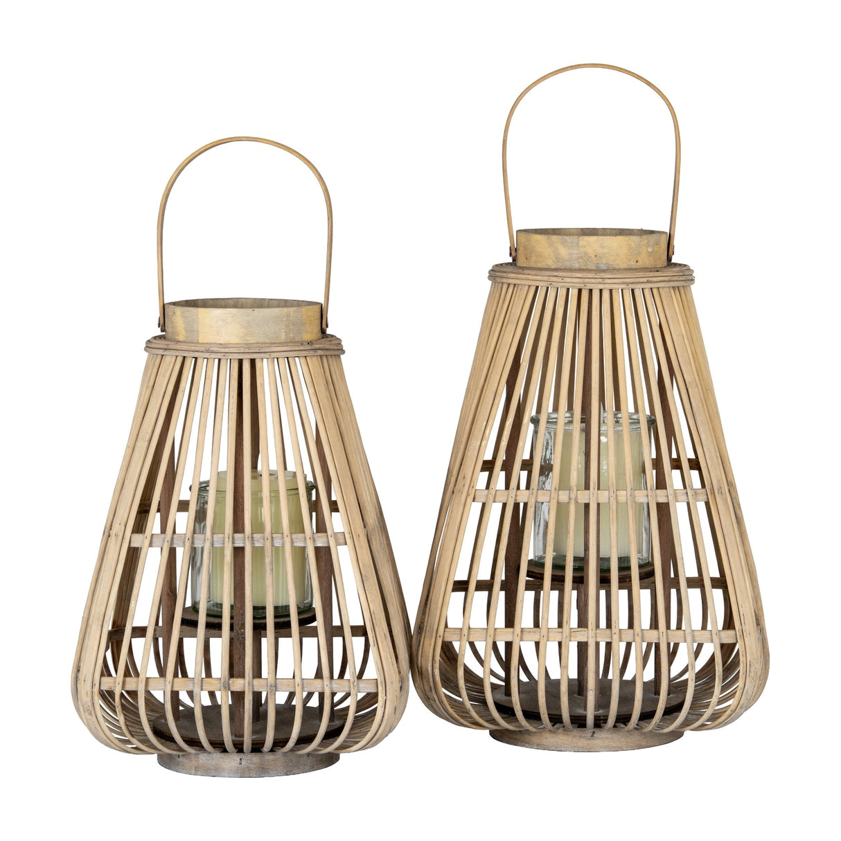 Hill Interiors Large Wicker Lantern with Glass Holder in brown, shown in two tapered sizes with arched handles and glass candle inserts on a white background.