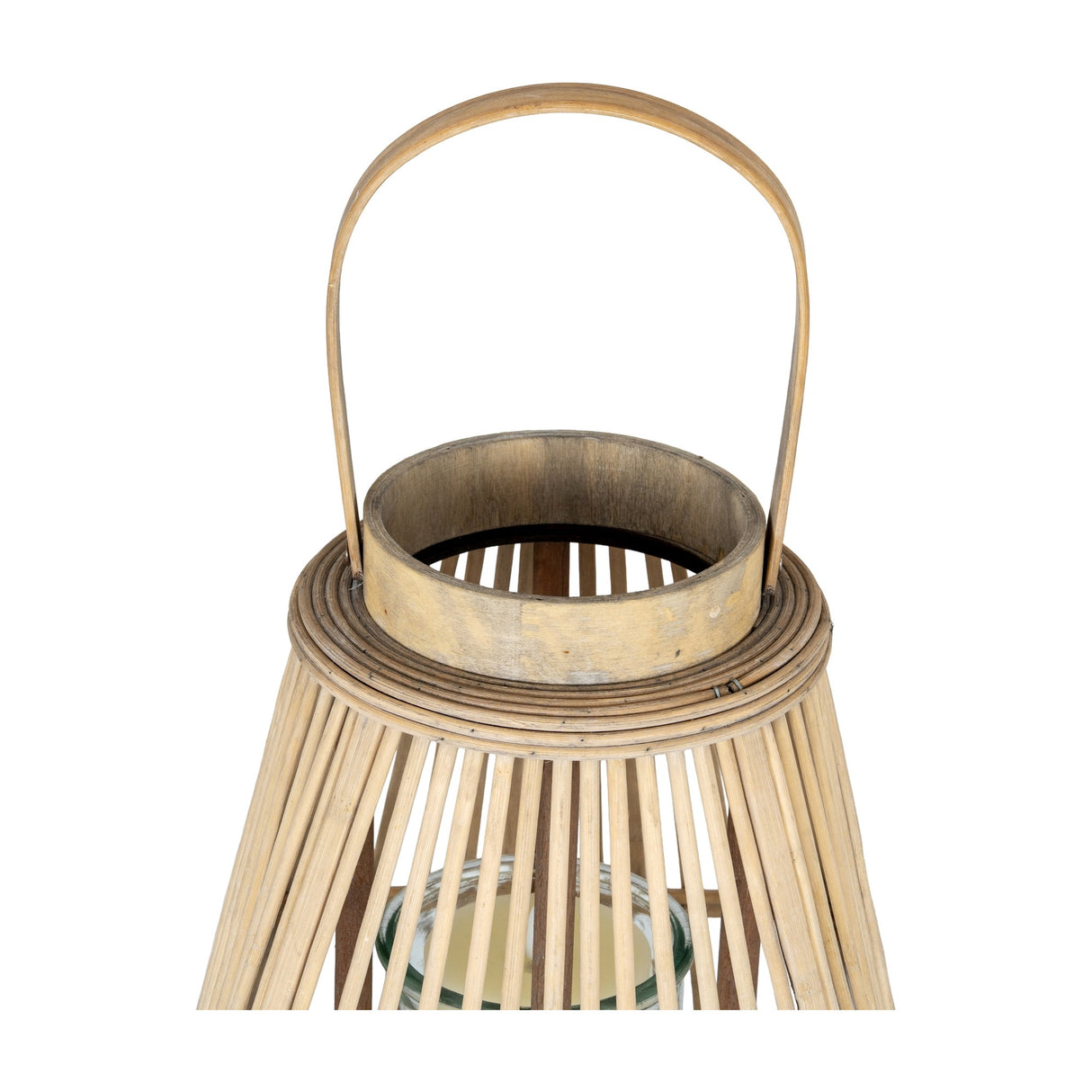 Hill Interiors Large Wicker Lantern with Glass Holder in brown, top view showing arched handle, circular rim and inner glass candle holder.