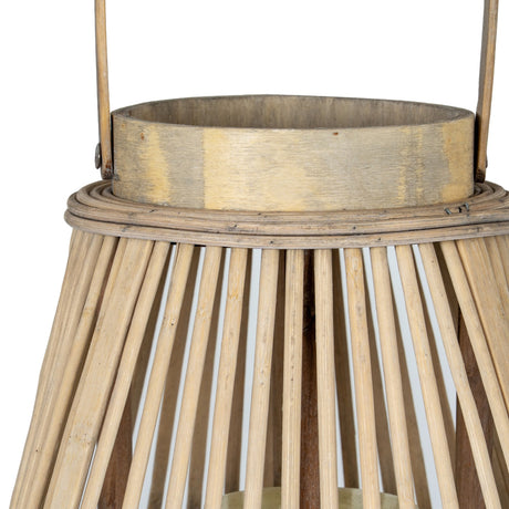 Close-up of Hill Interiors Medium Wicker Lantern in brown, showing the woven bamboo staves, rounded wooden rim and handle base against a white background.