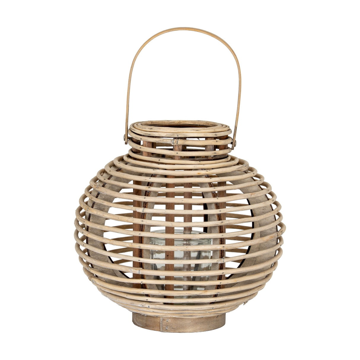 Hill Interiors large round willow lantern in warm brown with woven wicker frame, arched handle and removable glass candle holder, on a white background.