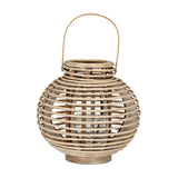 Hill Interiors large round willow lantern in warm brown with woven wicker frame, arched handle and removable glass candle holder, on a white background.