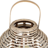 Close-up of Hill Interiors Large Round Willow Lantern in brown, showing the woven wicker dome, arched handle and removable glass candle holder inside.